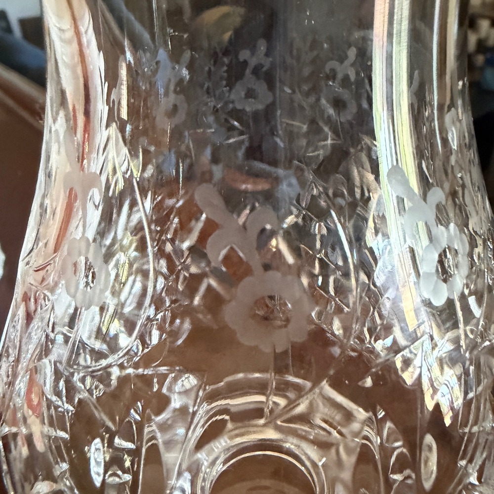 Vintage Crystal Hurricane Candle Holder Etched Floral Diamond 2 Piece Clear 7.5" - Picture 8 of 16